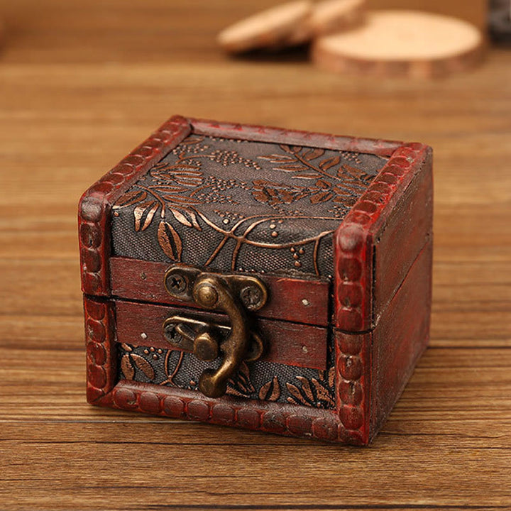 Caja de joyería de madera cuadrada pequeña Retro con Buddha Stones , flor de loto, uva, cobre, moneda, narciso, caja de almacenamiento de joyería