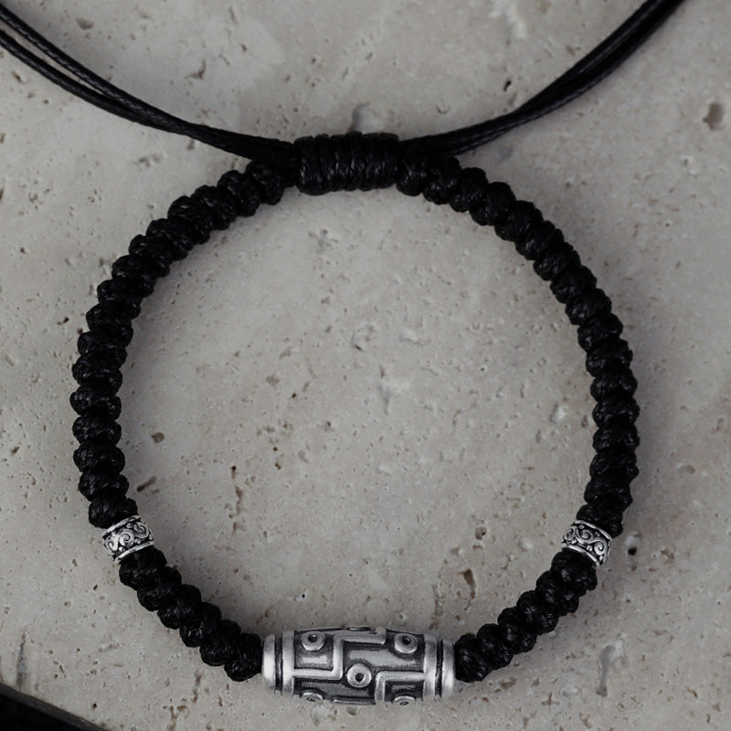 Pulsera de cuerda de bendición con patrón de cuentas Dzi de nueve ojos de plata de ley 999 con Buddha Stones