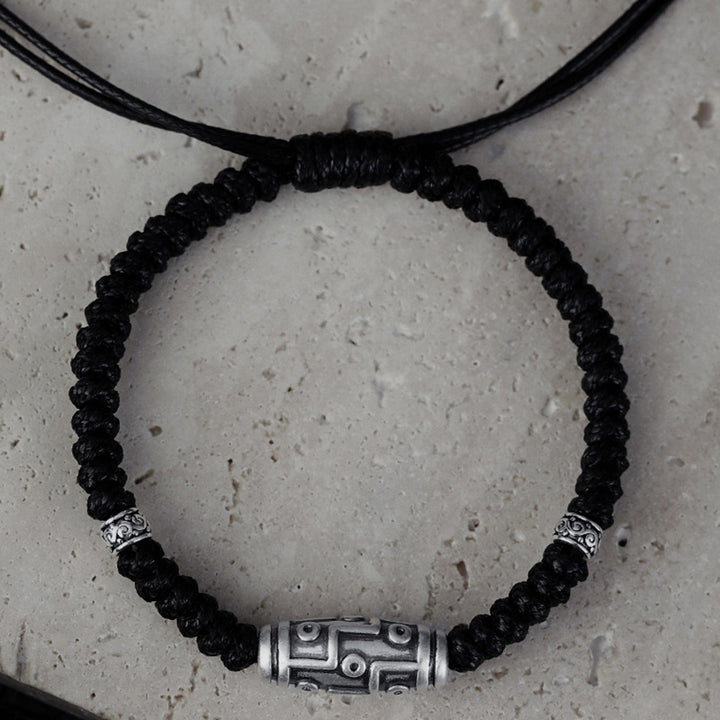 Pulsera de cuerda de bendición con patrón de cuentas Dzi de nueve ojos de plata de ley 999 con Buddha Stones