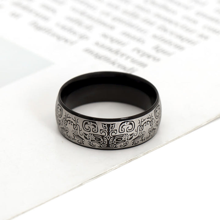 Anillo de acero de titanio con Buddha Stones, criatura mitológica afortunada, Taotie, riqueza