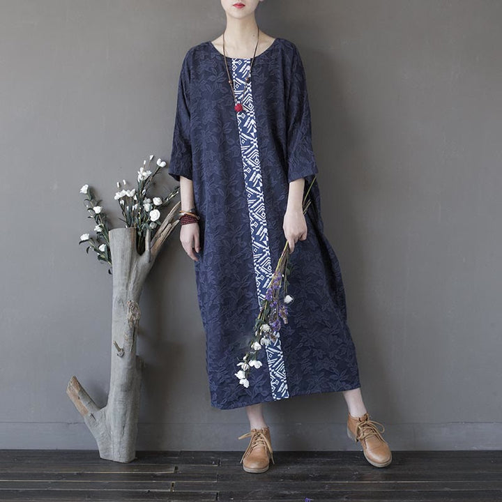 Vestido midi de jacquard con bordado de flores azules y Buddha Stones Vestido de algodón con manga tres cuartos y bolsillos