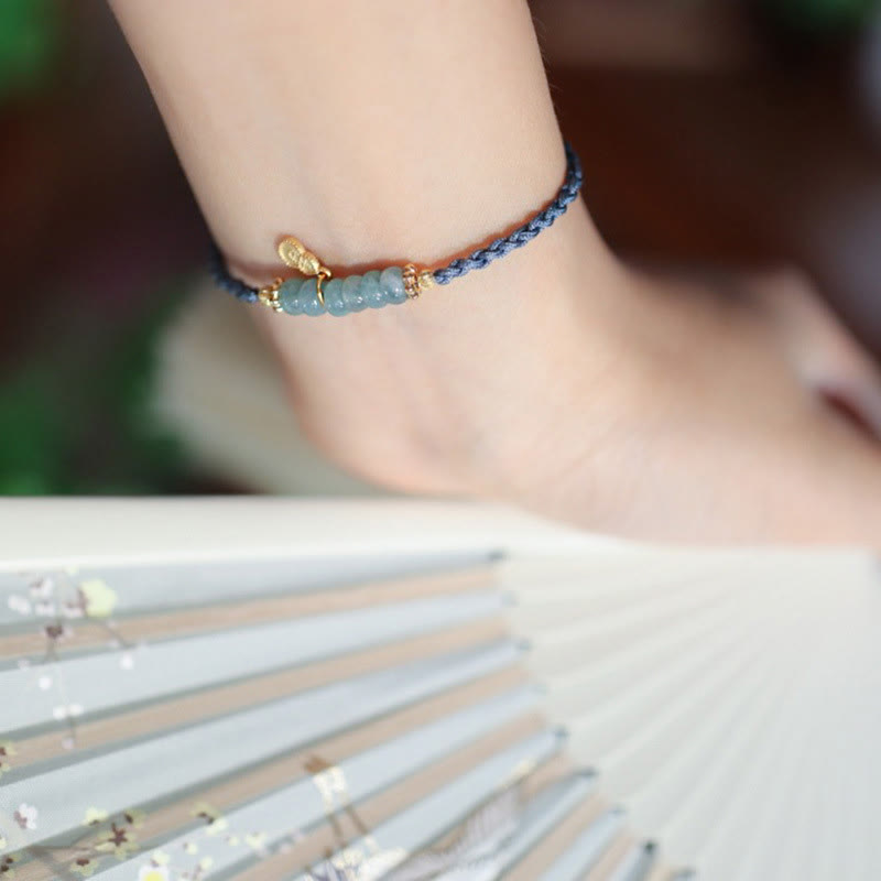 Pulsera trenzada de la suerte con carácter Fu de Cuarzo rutilado con calabaza de jade natural de plata de ley 925