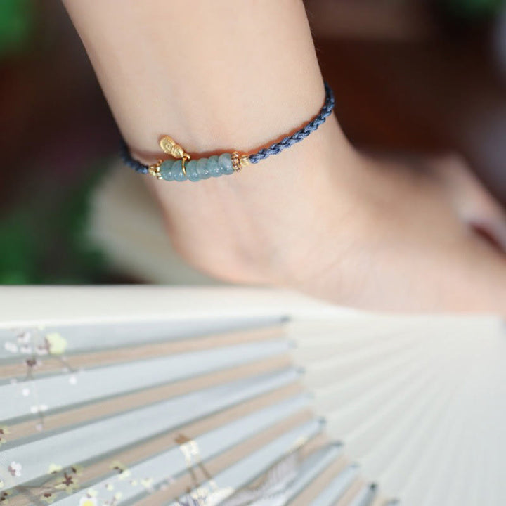 Pulsera trenzada de la suerte con carácter Fu de Cuarzo rutilado con calabaza de jade natural de plata de ley 925