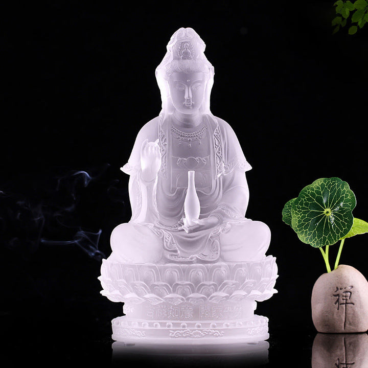 Buddha Stones Kwan Yin Avalokitesvara, estatuilla hecha a mano, pieza de arte de cristal Liuli, estatua de riqueza, decoración para el hogar