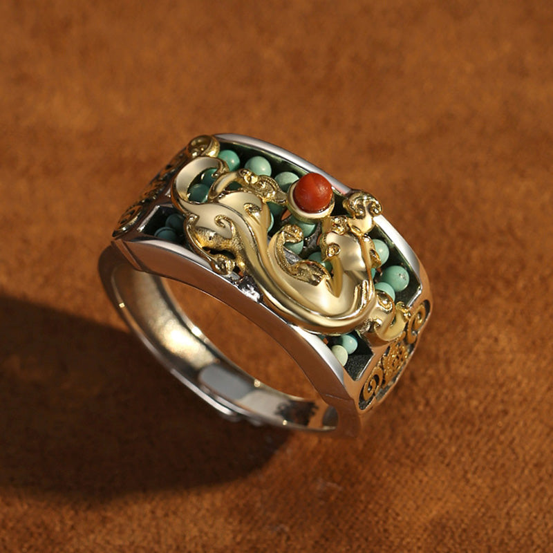 Anillo de protección de ábaco PiXiu de ágata roja turquesa de plata de ley 925 con Buddha Stones