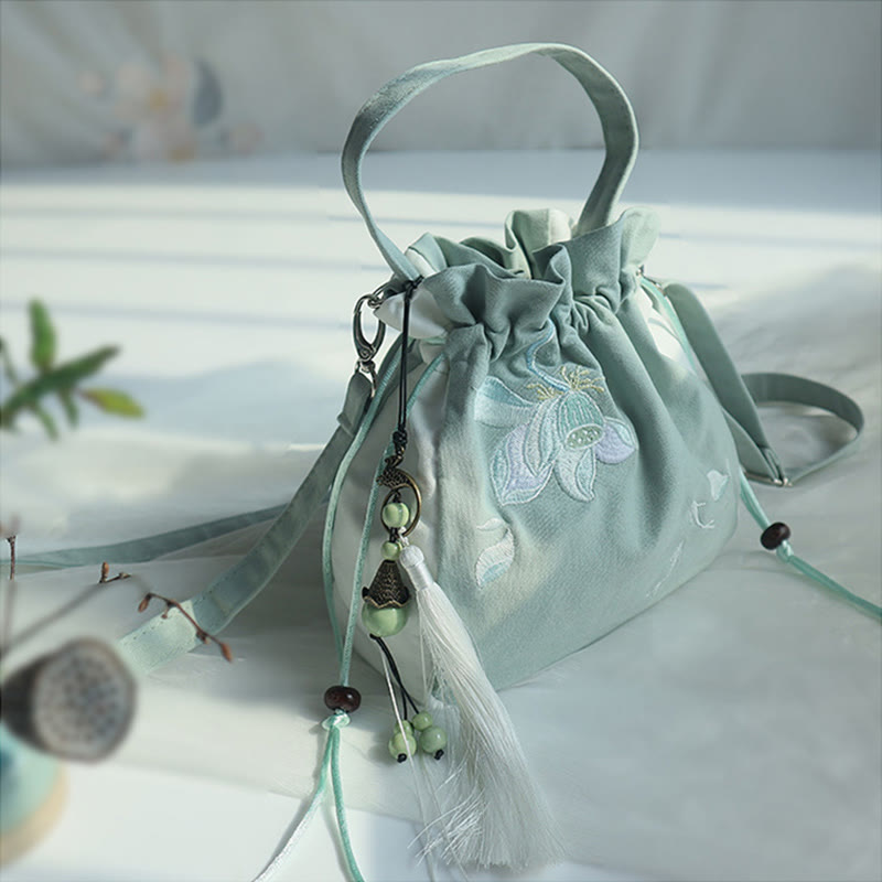 Bolso de hombro de lona con flores bordadas hechas a mano con Buddha Stones