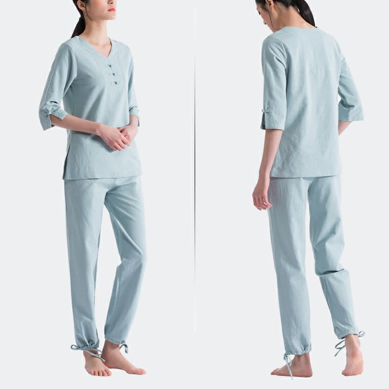 Conjunto de ropa de lino y algodón con diseño de cuello en V para mujer, uniforme de práctica Zen, Buddha Stones, Yoga, meditación y oración - image 1
