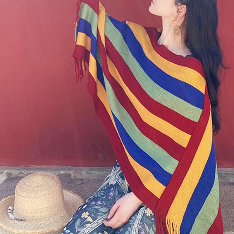 Bufanda de viaje acogedora para invierno con diseño de rayas tibetanas de Buddha Stones, chal con borlas