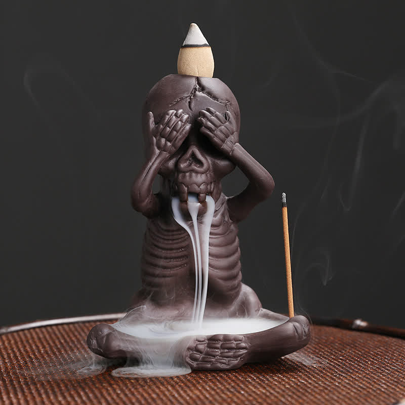 Buddha Stones, pequeño cráneo, fantasma, arcilla púrpura, reflujo de humo, fuente, decoración de quemador de incienso de paz