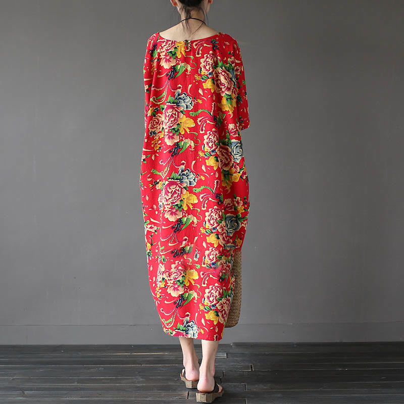 Vestido midi con estampado de flores de peonía roja y Buddha Stones Vestido de lino y algodón de media manga