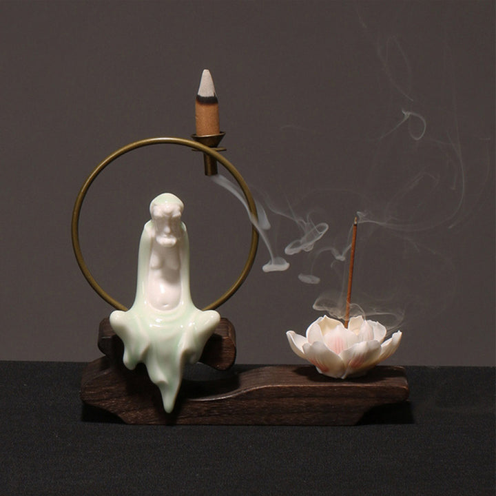 Quemador de incienso de meditación curativa de loto de cerámica con Buddha Stones , decoración