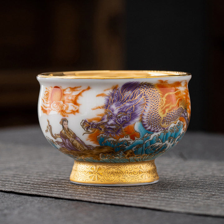 Taza de té de cerámica dorada con Buddha Stones, águila dorada, dragón auspicioso, sol, olas del océano, taza de té de Kung Fu
