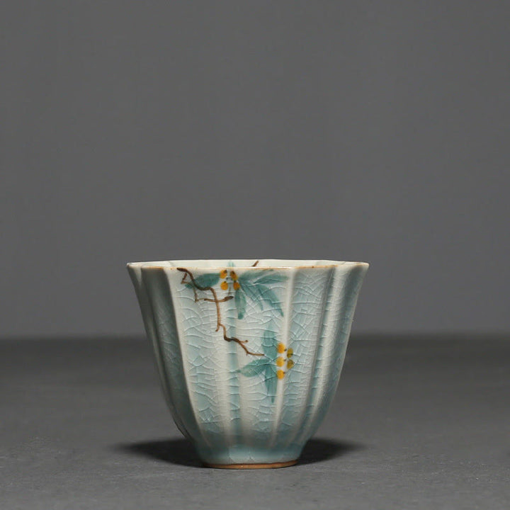 Taza de té de cerámica de Kung Fu con Buddha Stones , níspero, cornejo, espino, gloria de la mañana