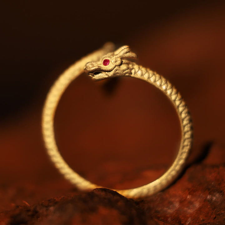 Anillo ajustable de plata de ley 925 con Buddha Stones , diseño vintage del Año del Dragón, protección de la suerte