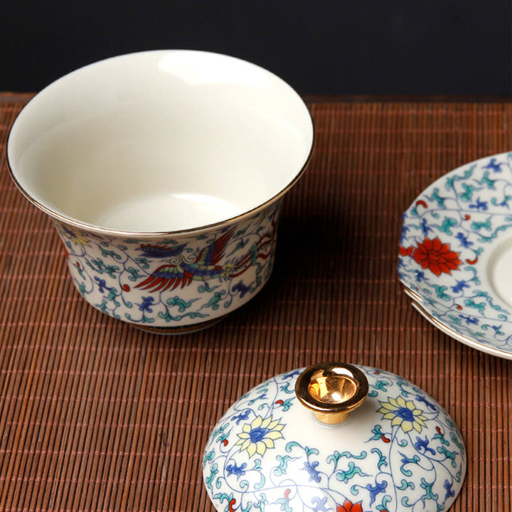 Buddha Stones Retro, flor de ciruelo, pino, bambú, Phoenix Kirin, cerámica Gaiwan Sancai, taza de té de Kung Fu y platillo con tapa