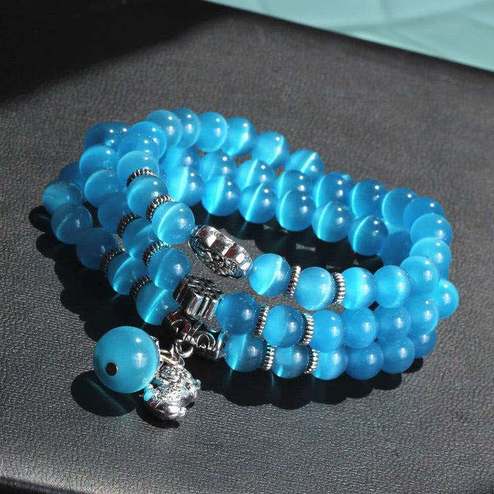 Pulsera de triple vuelta con soporte PiXiu de ojo de gato y Buddha Stones