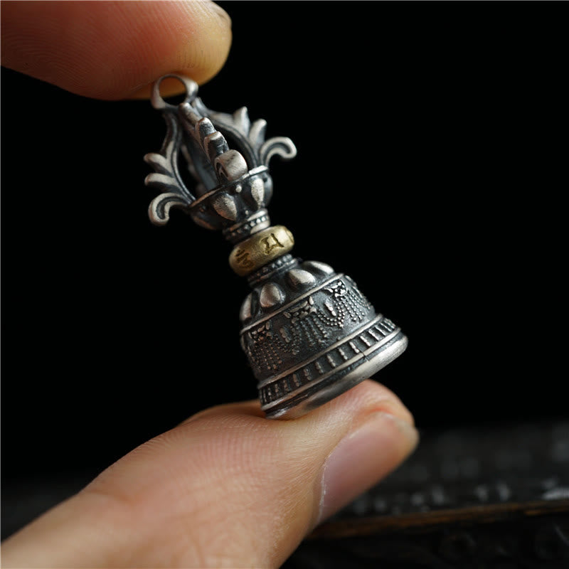Buddha Stones Tíbet, Plata de Ley 925, Om Mani Padme Hum Dorje Bell Vajra, colgante con iluminación grabada, decoración colgante - Colgante de campana Dorje solamente (14 x 32 mm) - image 0