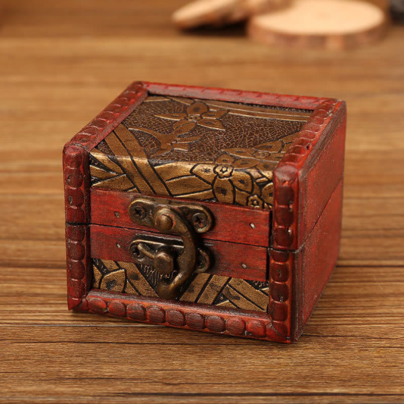 Caja de joyería de madera cuadrada pequeña Retro con Buddha Stones , flor de loto, uva, cobre, moneda, narciso, caja de almacenamiento de joyería