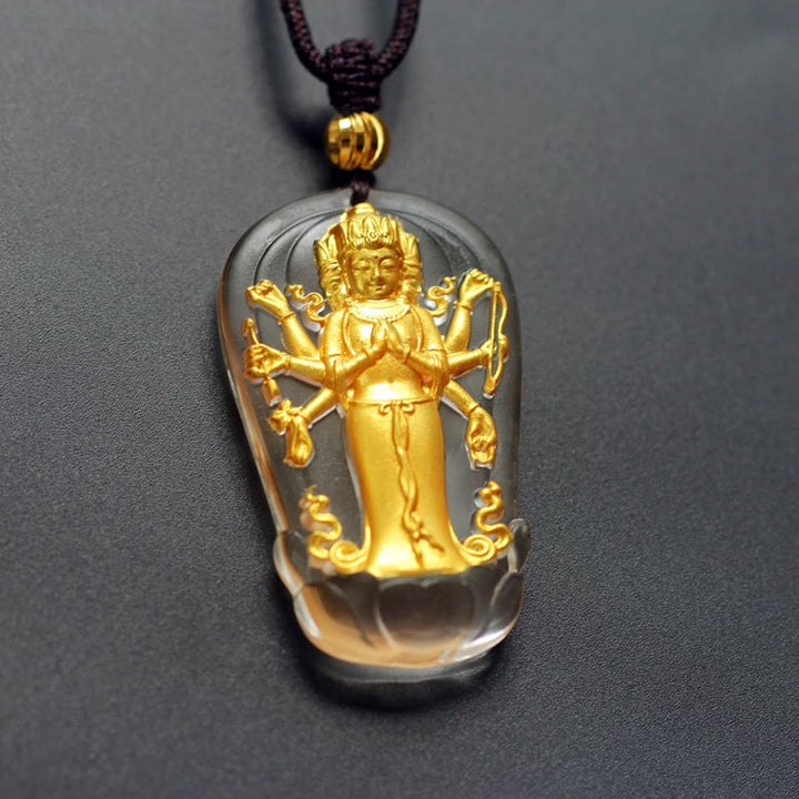 Buddha Stones tibetano de ocho brazos Avalokitesvara Guanyin Buda chapado en oro Liuli cristal colgante de collar de riqueza
