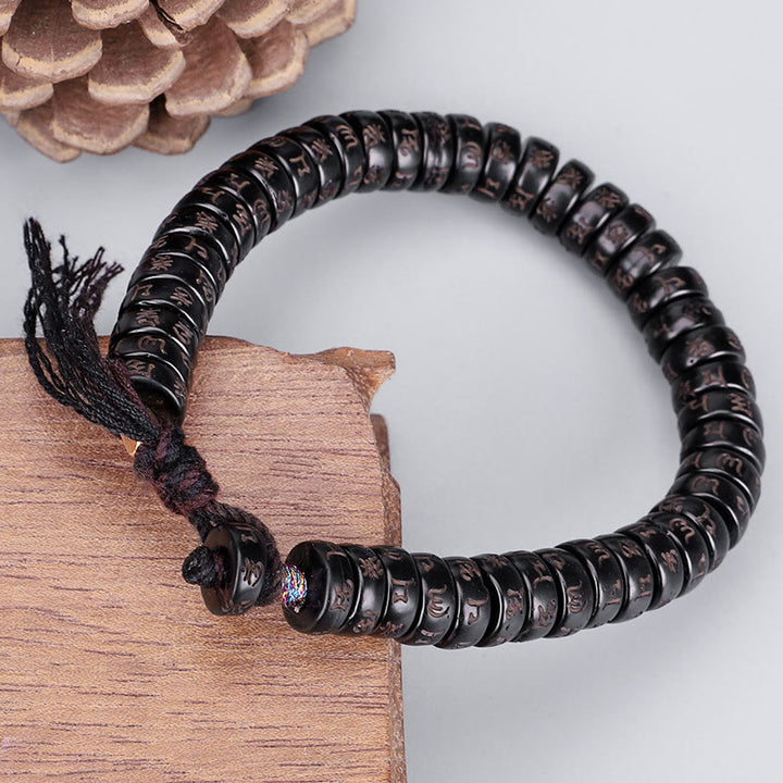 Pulsera de cuerda positiva con cuentas de concha de coco tibetana con piedras de Buddha Stones grabadas Om Mani Padme Hum Mantra - Cáscara de coco (circunferencia de la muñeca: 17-19 cm) - image 0