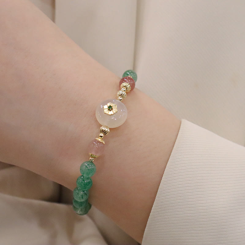 Pulsera de gratitud con flores de calcedonia, cuarzo, fresa, verde natural , Buddha Stones