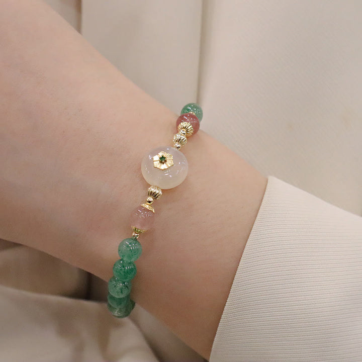 Pulsera de gratitud con flores de calcedonia, cuarzo, fresa, verde natural , Buddha Stones