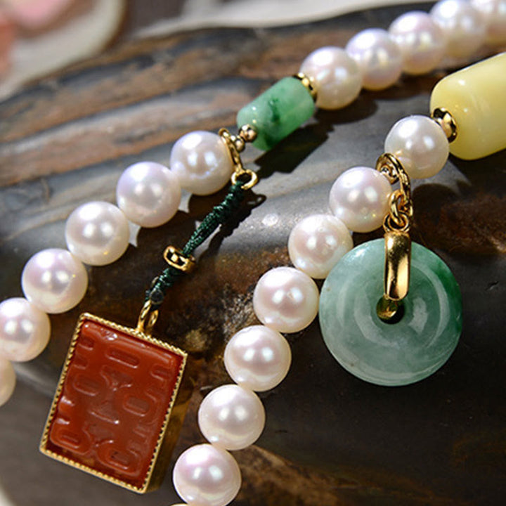 Buddha Stones, Plata de Ley 925, Perla, Jade Hetian, ágata roja, doble felicidad, ámbar, suerte, pulsera cuádruple