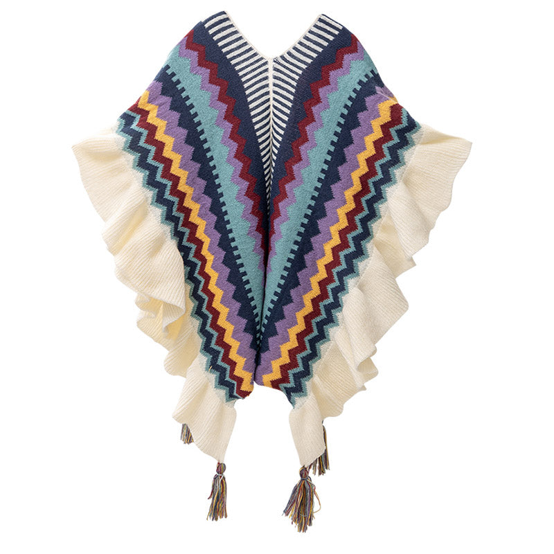 Mantón tibetano de Buddha Stones, bufanda de viaje acogedora de invierno con borlas de línea ondulada a rayas coloridas