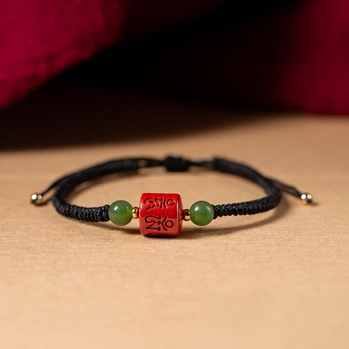 Pulsera de cuerda trenzada con Buddha Stones Tibetam cinabrio Om Mani Padme Hum grabada bendición