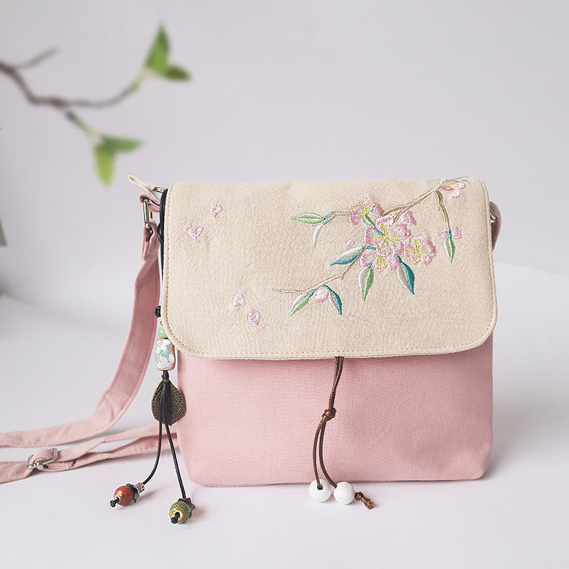 Bolso bandolera de lona con flores de ciruelo bordadas hechas a mano con Buddha Stones
