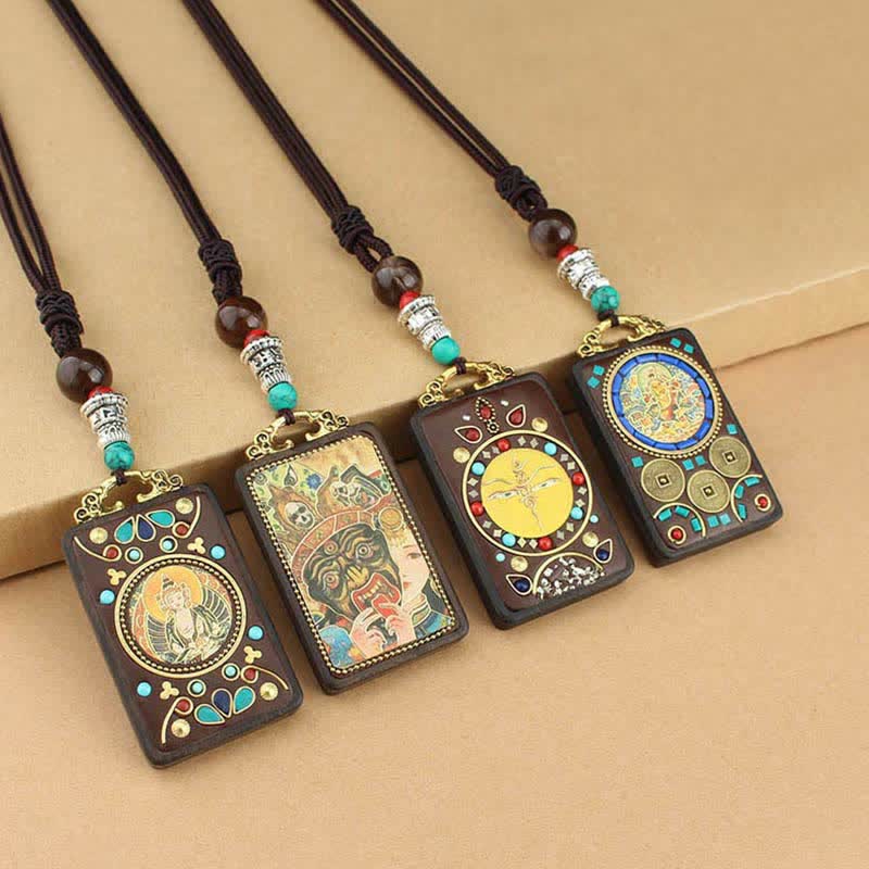 Colgante de collar de paz de ébano Thangka, dios de la riqueza del Tíbet, Buddha Stones