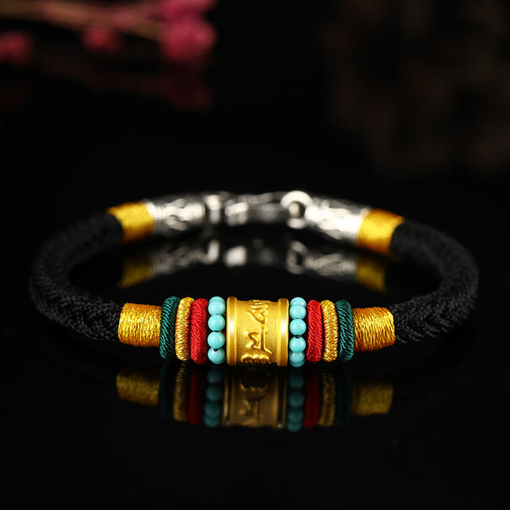 Buddha Stones Tíbet 999 oro Om Mani Padme Hum pulsera de la suerte hecha a mano con ocho hilos y nudo de la paz