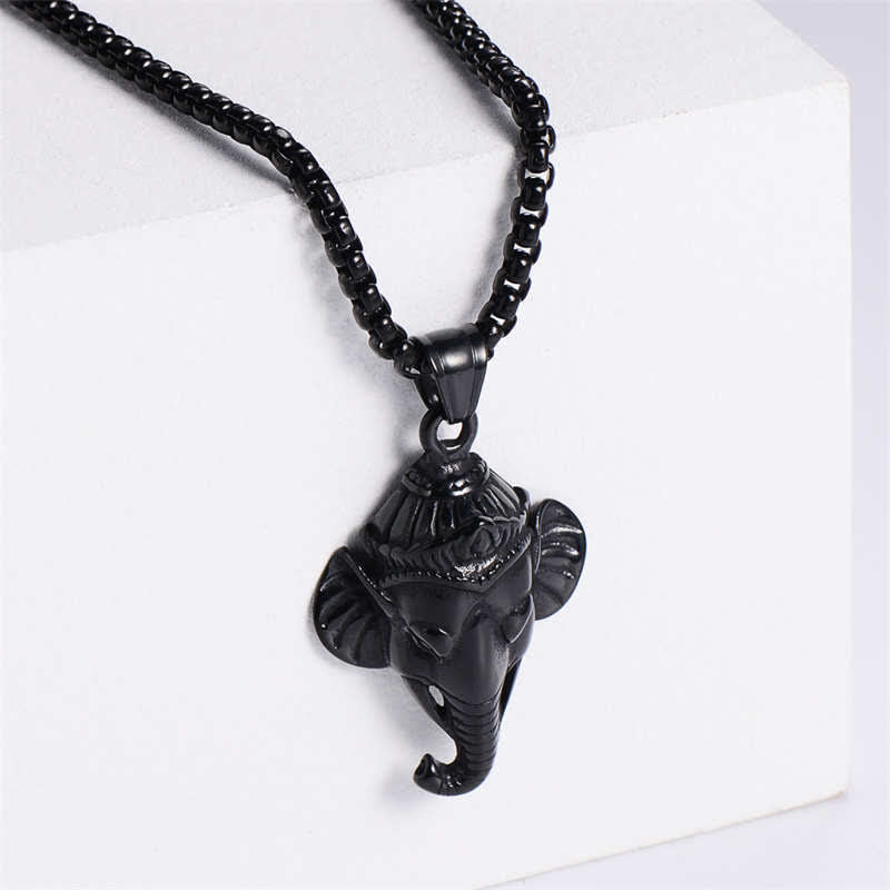 Collar con colgante de protección de acero de titanio y elefante Ganesh Ganpati - Negro - image 7