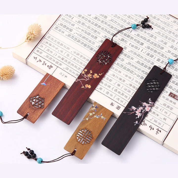 Buddha Stones, 4 Uds., cuatro estaciones, ciruela, orquídea, bambú, crisantemo, ópera de Pekín, marcapáginas de madera con caja de regalo