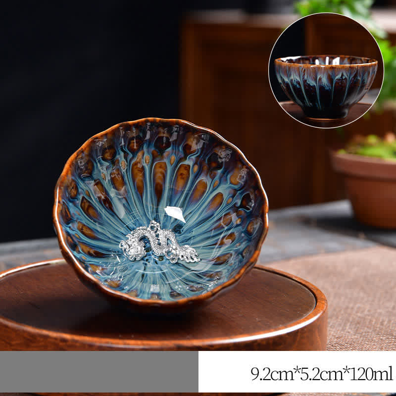 Tazas de té de cerámica con incrustaciones de Buddha Stones , loto, pavo real, dragón, fénix, pez koi, 120 ml - Plata - Continuar - image 20