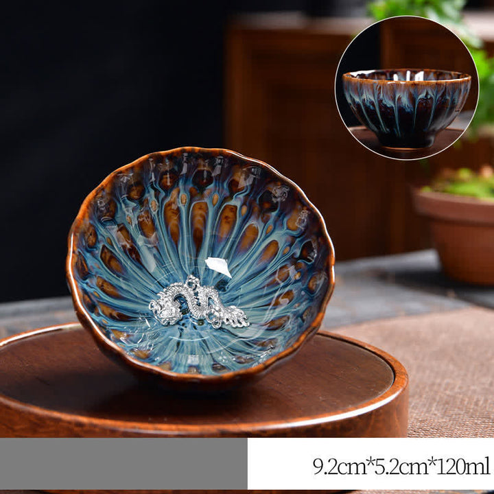 Tazas de té de cerámica con incrustaciones de Buddha Stones , loto, pavo real, dragón, fénix, pez koi, 120 ml - Plata - Continuar - image 20