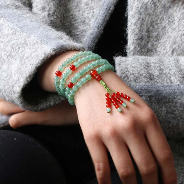 Pulsera Mala de la suerte con 108 cuentas, aventurina verde, ágata roja