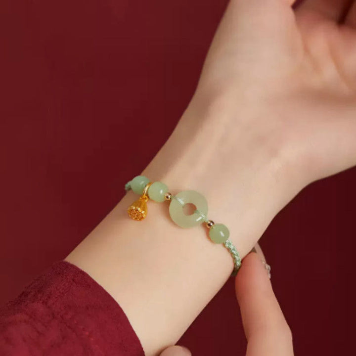 Pulsera de Buddha Stones, hebilla redonda de la paz, Jade, loto, felicidad, abundancia y riqueza