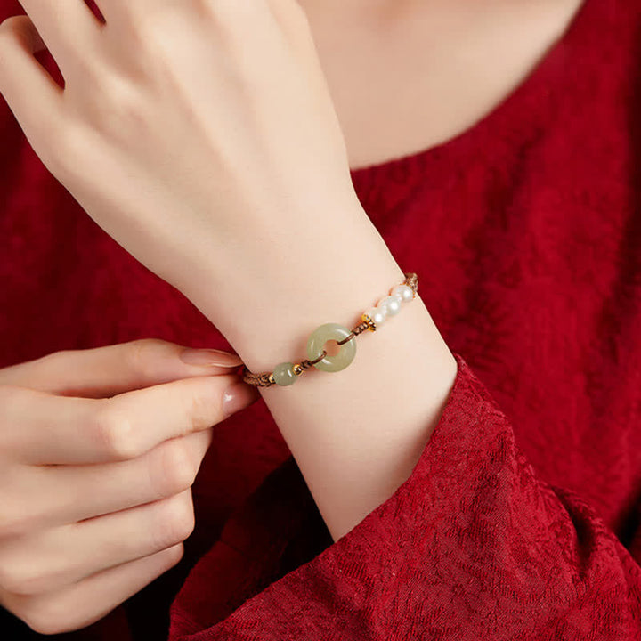 Pulsera de la suerte con hebilla de la paz y perlas de jade hetiano natural de Buddha Stones