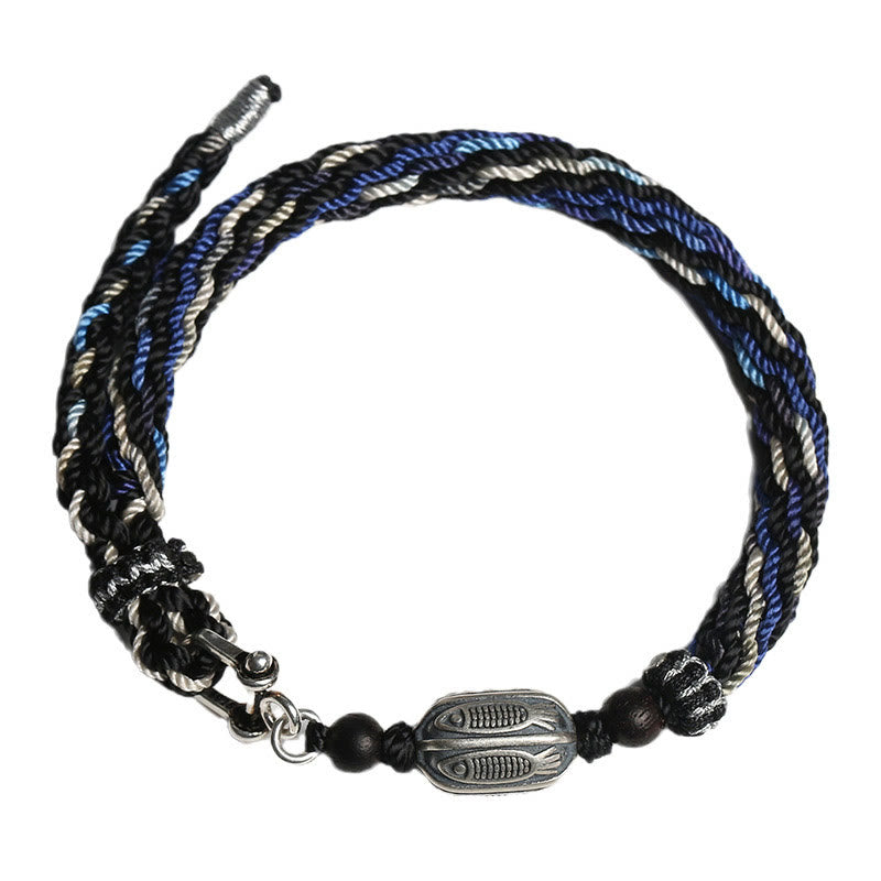 Pulsera de hilo trenzado con nudo de reencarnación de riqueza de peces Koi de plata de ley 925 con Buddha Stones