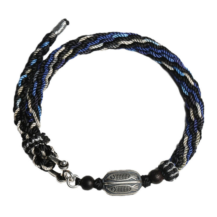 Pulsera de hilo trenzado con nudo de reencarnación de riqueza de peces Koi de plata de ley 925 con Buddha Stones