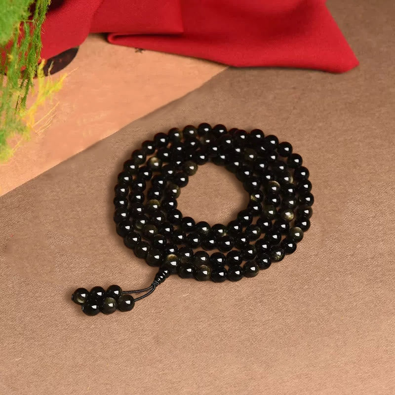 Pulsera de riqueza de obsidiana con brillo de oro natural, cuentas de Mala, 108 Buddha Stones