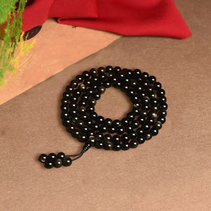 Pulsera de riqueza de obsidiana con brillo de oro natural, cuentas de Mala, 108 Buddha Stones