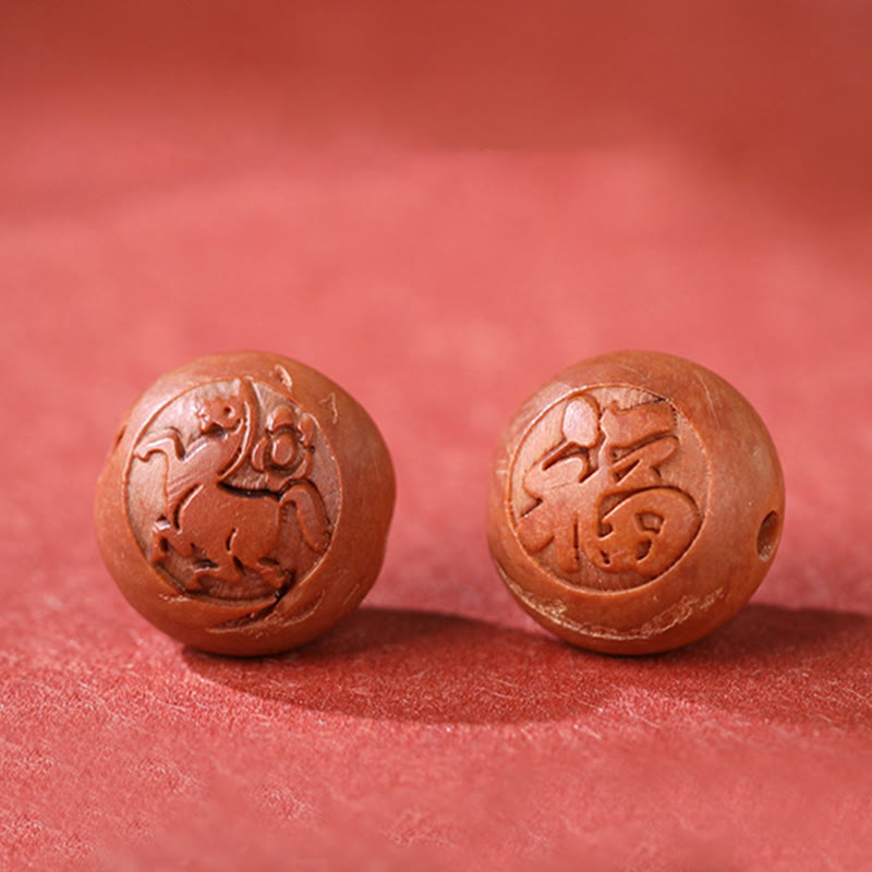 Pulsera de riqueza de cinabrio tallada con carácter del zodíaco chino, madera de melocotón Natural, Buddha Stones