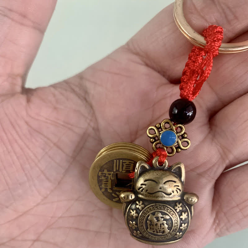 Buddha Stones Feng Shui Cinco Monedas Emperador Gato de la Suerte Dinero Riqueza Llavero