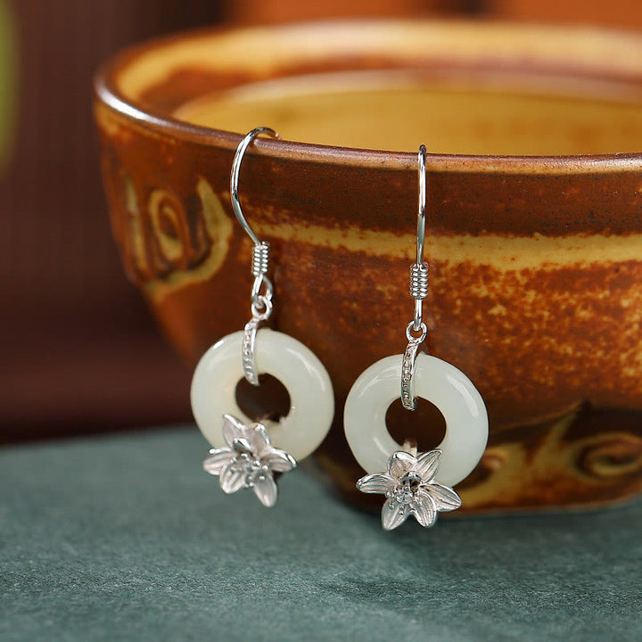 Pendientes de plata de ley 925 con Buddha Stones , jade hetiano, hebilla de la paz, orquídea y prosperidad