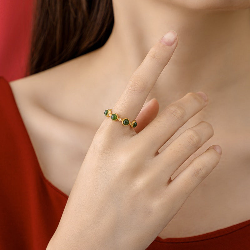 Anillo ajustable calmante curativo de jade cian con Buddha Stones