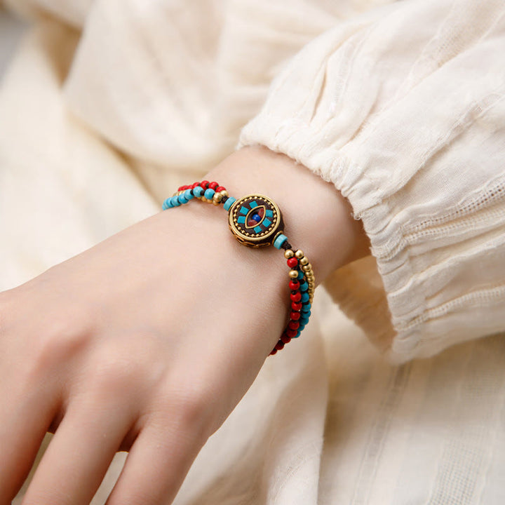Pulsera de fuerza de protección Om Mani Padme Hum de turquesa tibetana con Buddha Stones