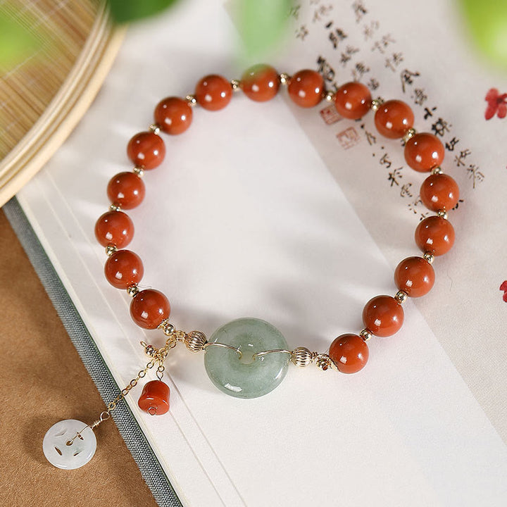 Pulsera de confianza con forma de calabaza y monedas de cobre con hebilla de paz y ágata roja de jade rellena de oro de 14 quilates con Buddha Stones