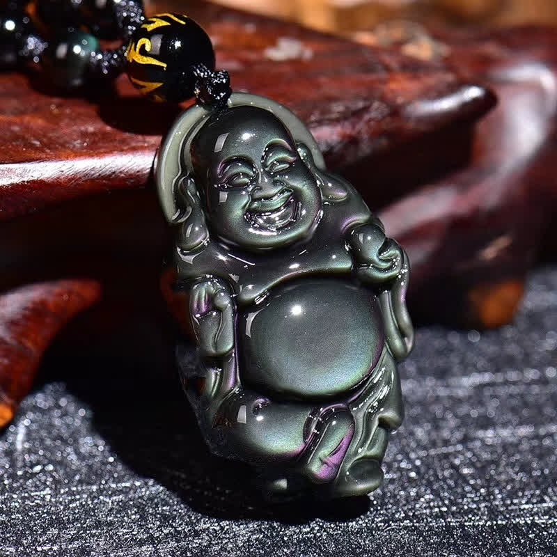 Colgante de collar de paz interior de Buda sonriente de obsidiana arcoíris natural - image 2